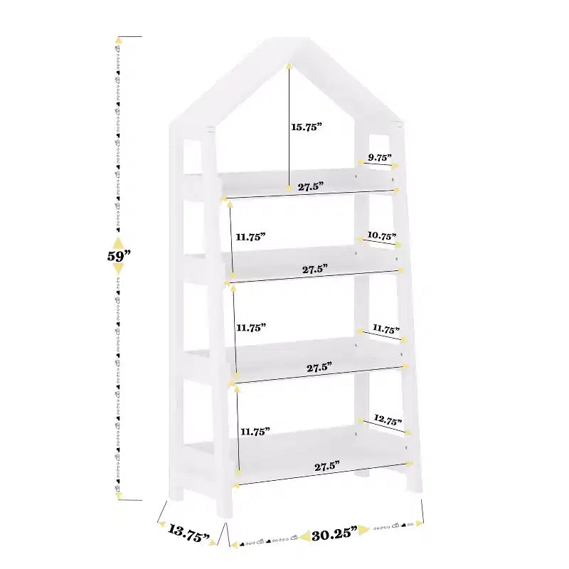 Wood Open Bookshelf with Covered Triangular Top, 4 Shelves and Squared Legs