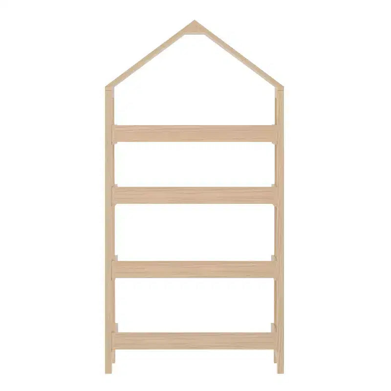 Wood Open Bookshelf with Covered Triangular Top, 4 Shelves and Squared Legs