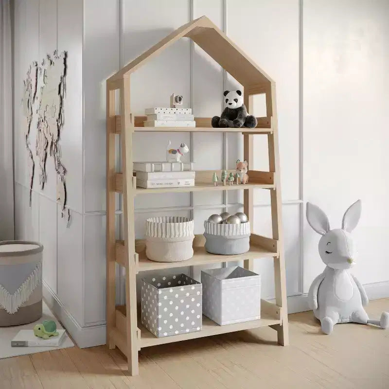 Buzz & Bloom Wood Open Bookshelf with Covered Triangular Top, 4 Shelves, and Squared Legs