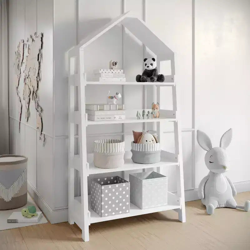 Wood Open Bookshelf with Covered Triangular Top, 4 Shelves and Squared Legs