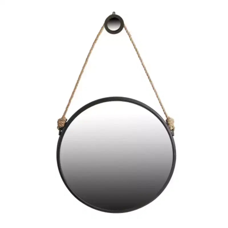 29.5 in On-trend Hanging Round Mirror with Black Framed and with Rope Strap Contemporary Industrial Decor for Bathroom, Bedroom, or Living Space