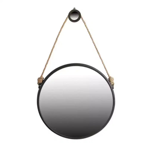 29.5 in On-trend Hanging Round Mirror with Black Framed and with Rope Strap Contemporary Industrial Decor for Bathroom, Bedroom, or Living Space