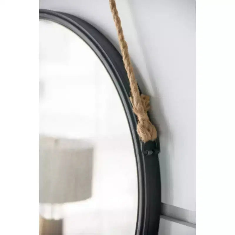 29.5 in On-trend Hanging Round Mirror with Black Framed and with Rope Strap Contemporary Industrial Decor for Bathroom, Bedroom, or Living Space