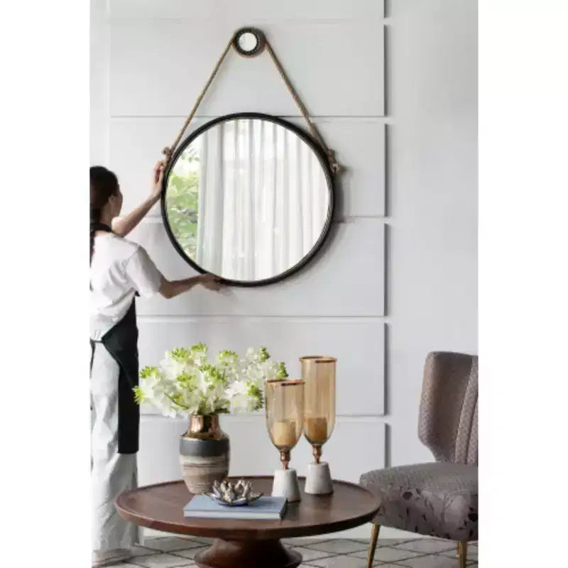 29.5 in On-trend Hanging Round Mirror with Black Framed and with Rope Strap Contemporary Industrial Decor for Bathroom, Bedroom, or Living Space