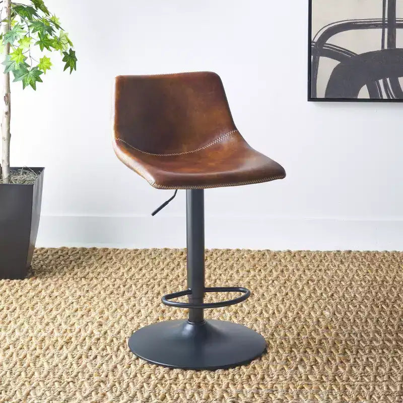 Adjustable Bar Stool, Iron Frame, PU Leather Seat, 360° Swivel, Footrest, 275LBS