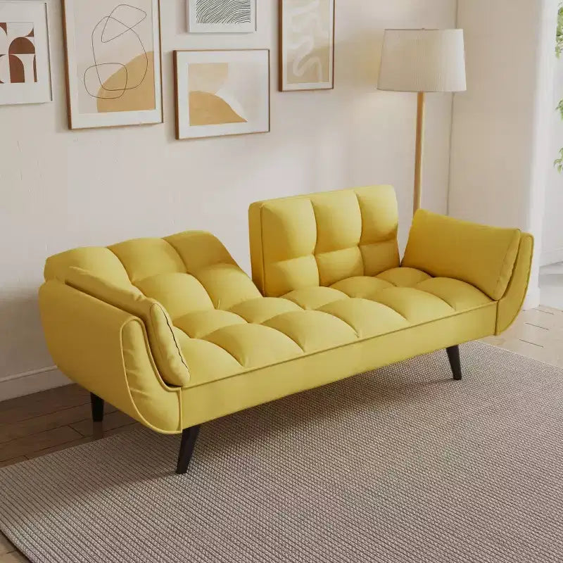 57" Yellow Convertible Sofa Bed with 2 Armrests & Throw Pillow for Small Spaces
