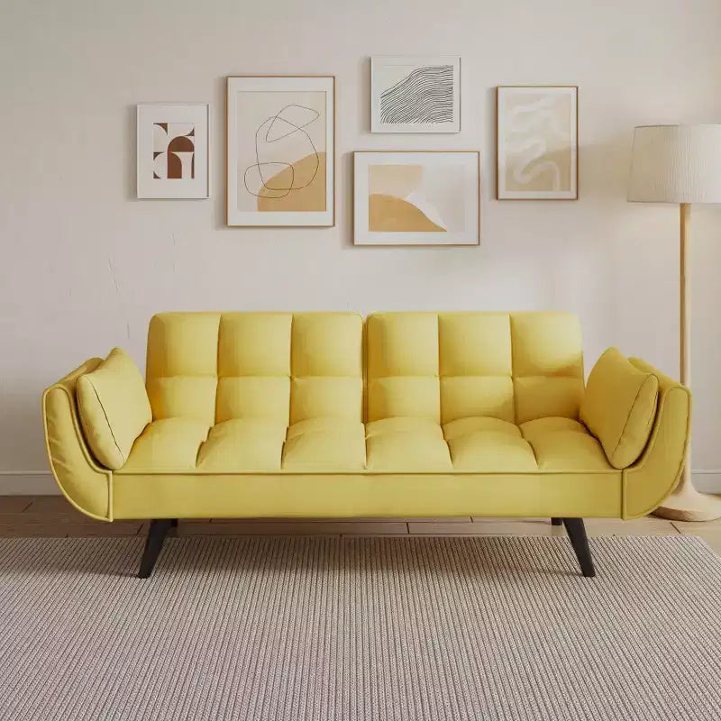 57" Yellow Convertible Sofa Bed with 2 Armrests & Throw Pillow for Small Spaces