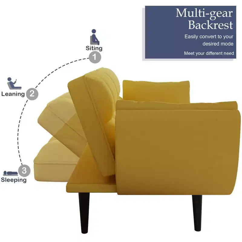 57" Yellow Convertible Sofa Bed with 2 Armrests & Throw Pillow for Small Spaces