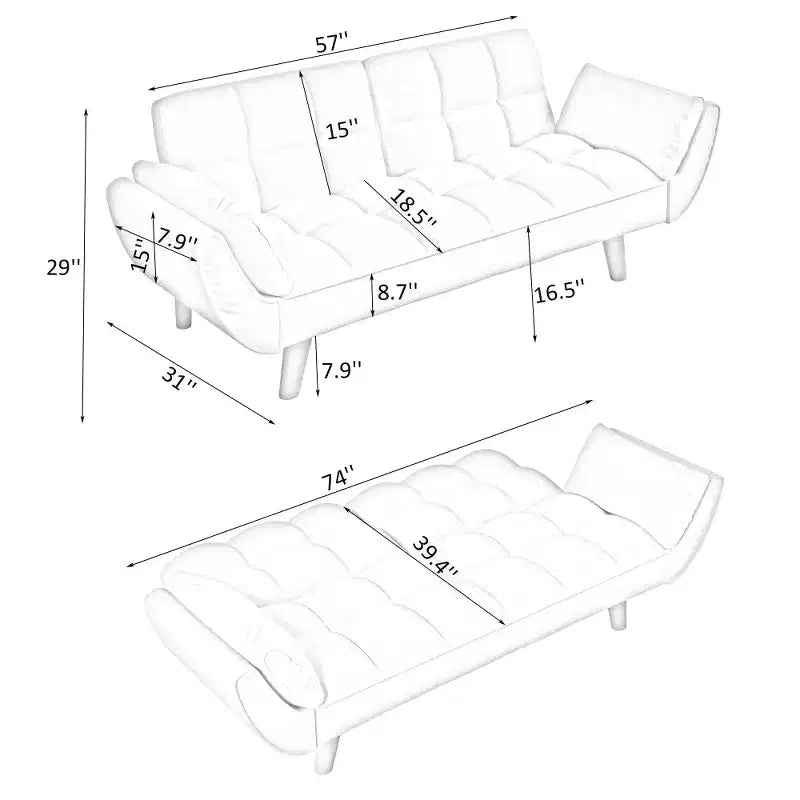 57" Yellow Convertible Sofa Bed with 2 Armrests & Throw Pillow for Small Spaces