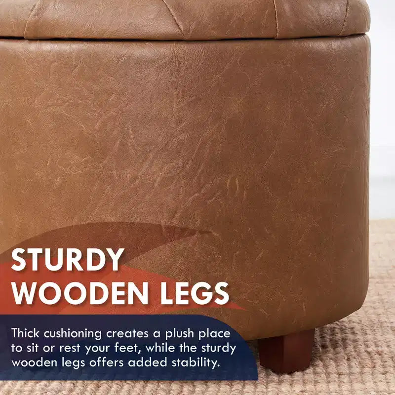 Faux Leather Round Tufted Storage Ottoman with Wooden Legs, Living Room Footrest