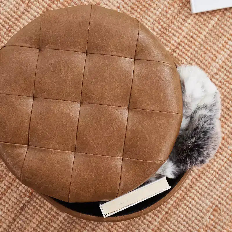 Faux Leather Round Tufted Storage Ottoman with Wooden Legs, Living Room Footrest