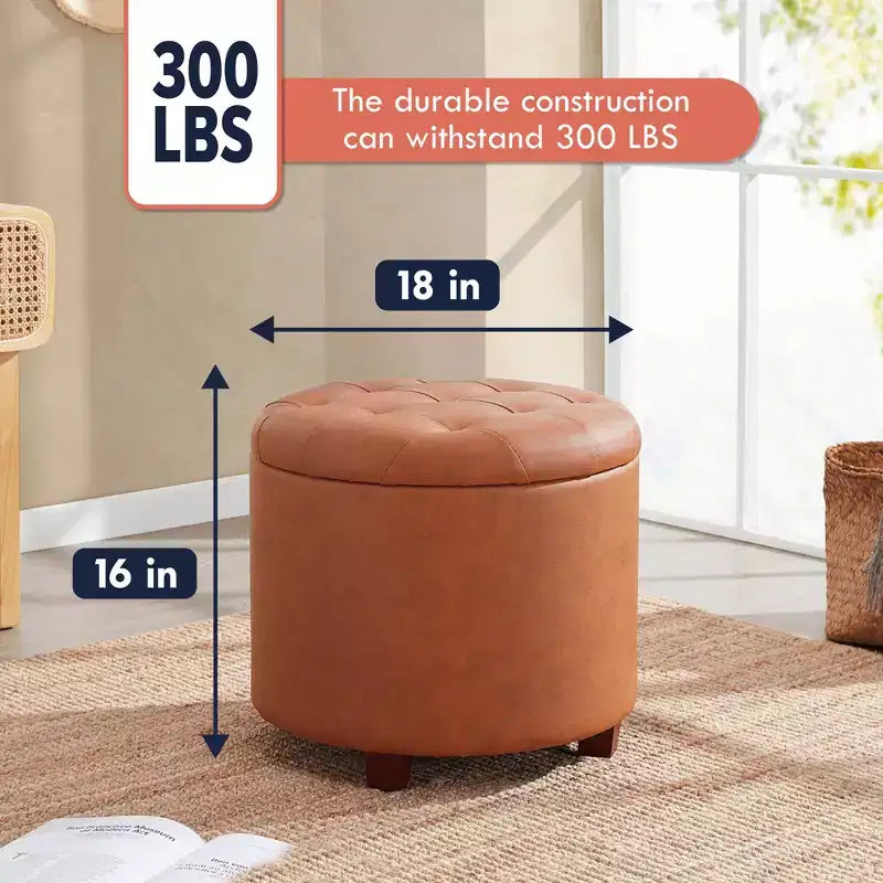Faux Leather Round Tufted Storage Ottoman with Wooden Legs, Living Room Footrest