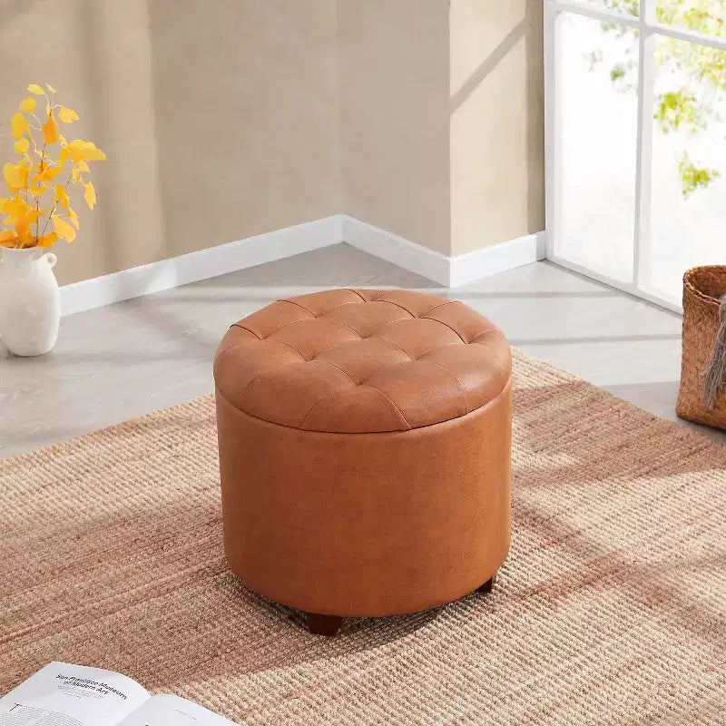 Faux Leather Round Tufted Storage Ottoman with Wooden Legs, Living Room Footrest