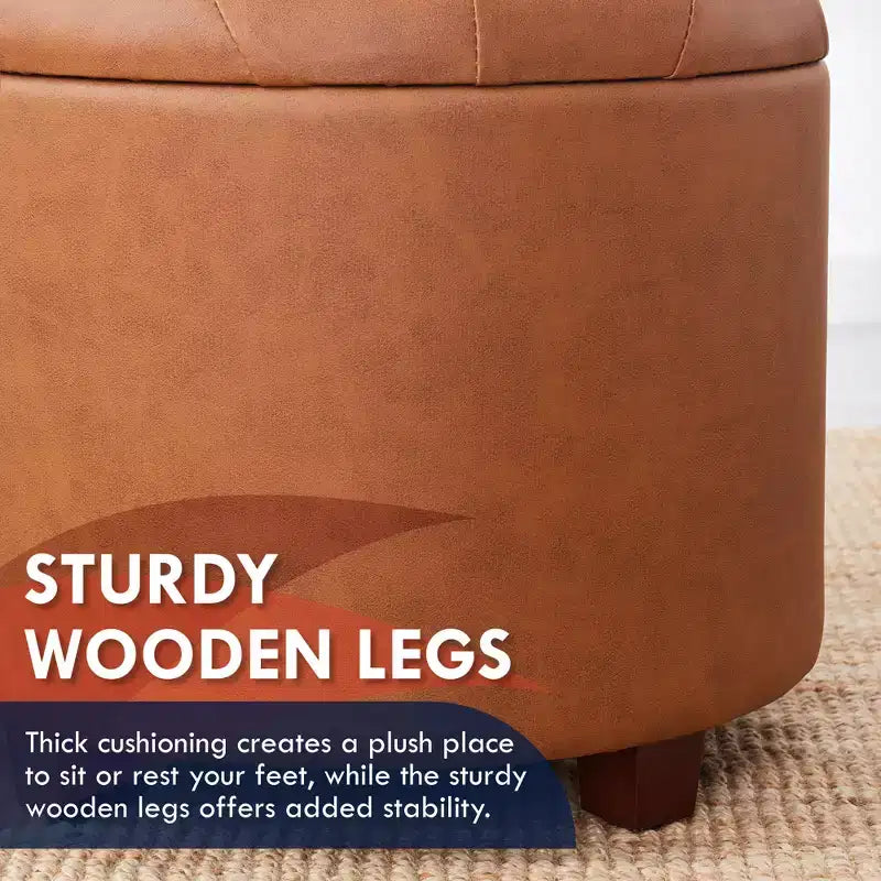 Faux Leather Round Tufted Storage Ottoman with Wooden Legs, Living Room Footrest