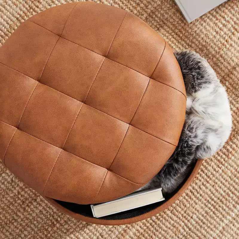 Faux Leather Round Tufted Storage Ottoman with Wooden Legs, Living Room Footrest