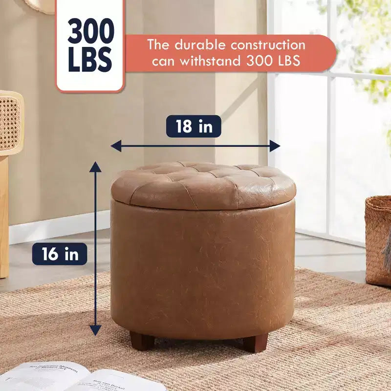 Faux Leather Round Tufted Storage Ottoman with Wooden Legs, Living Room Footrest
