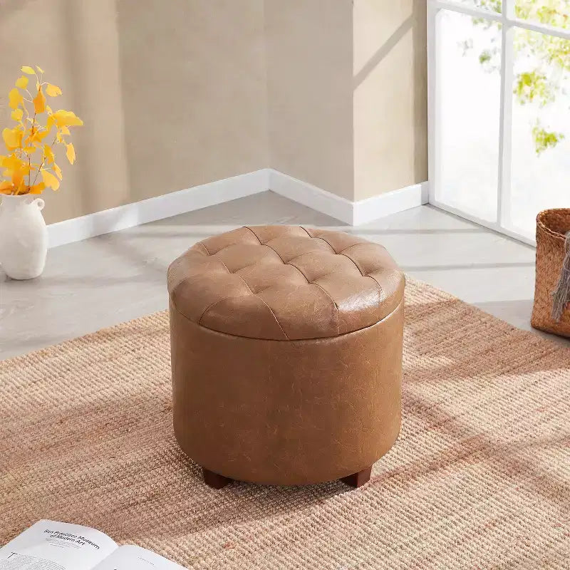 Faux Leather Round Tufted Storage Ottoman with Wooden Legs, Living Room Footrest
