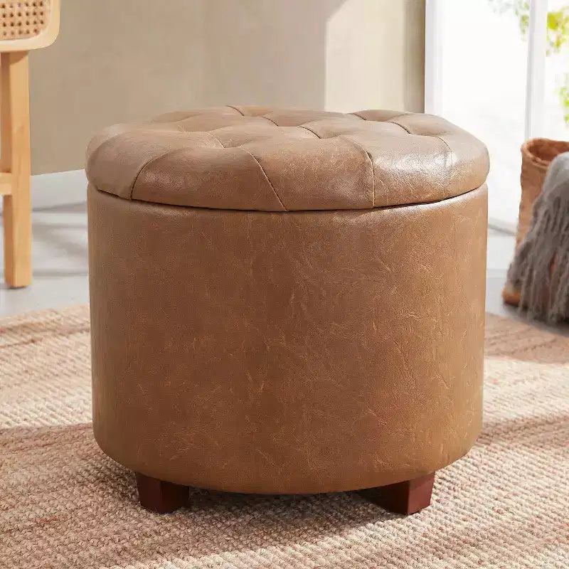 Faux Leather Round Tufted Storage Ottoman with Wooden Legs, Living Room Footrest