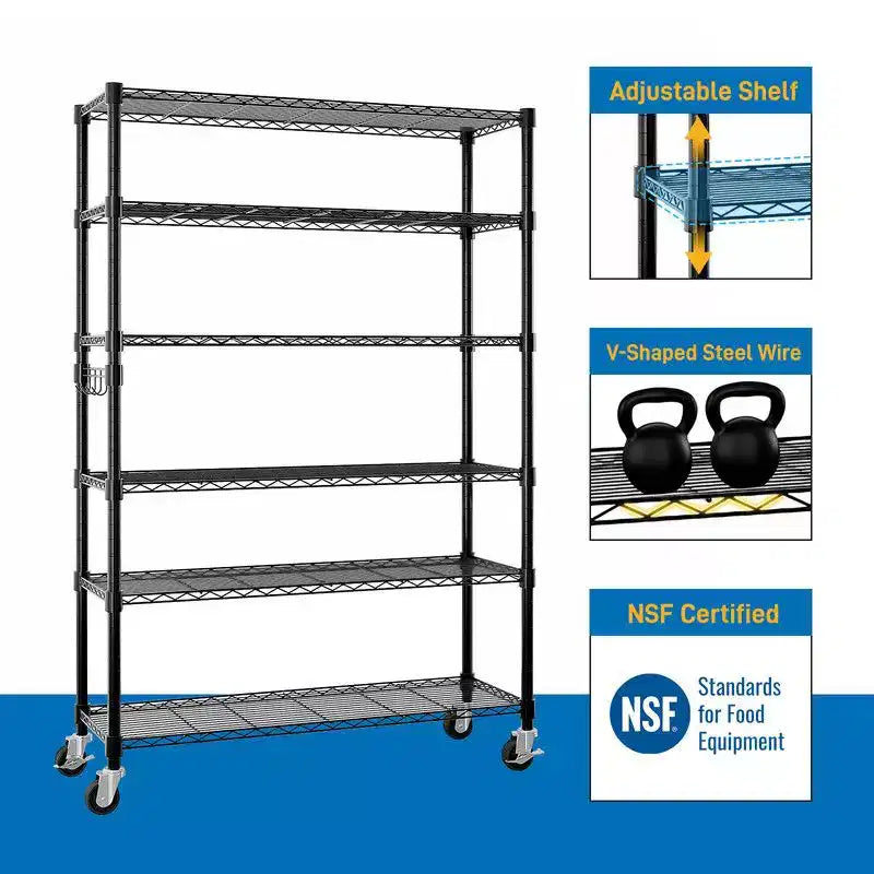 46" Wide Height-Adjustable Steel Wire Shelving Unit with Wheels, Heavy-Duty Storage