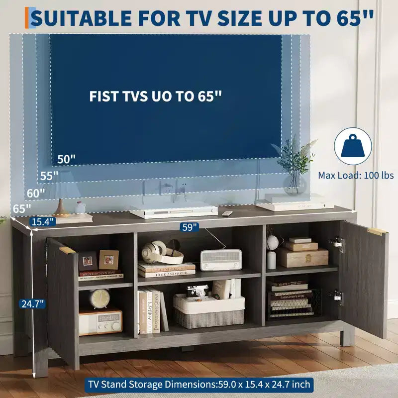 Mid-Century Modern Fluted TV Stand with Storage Cabinet, Oak Finish, Fits up to 70"
