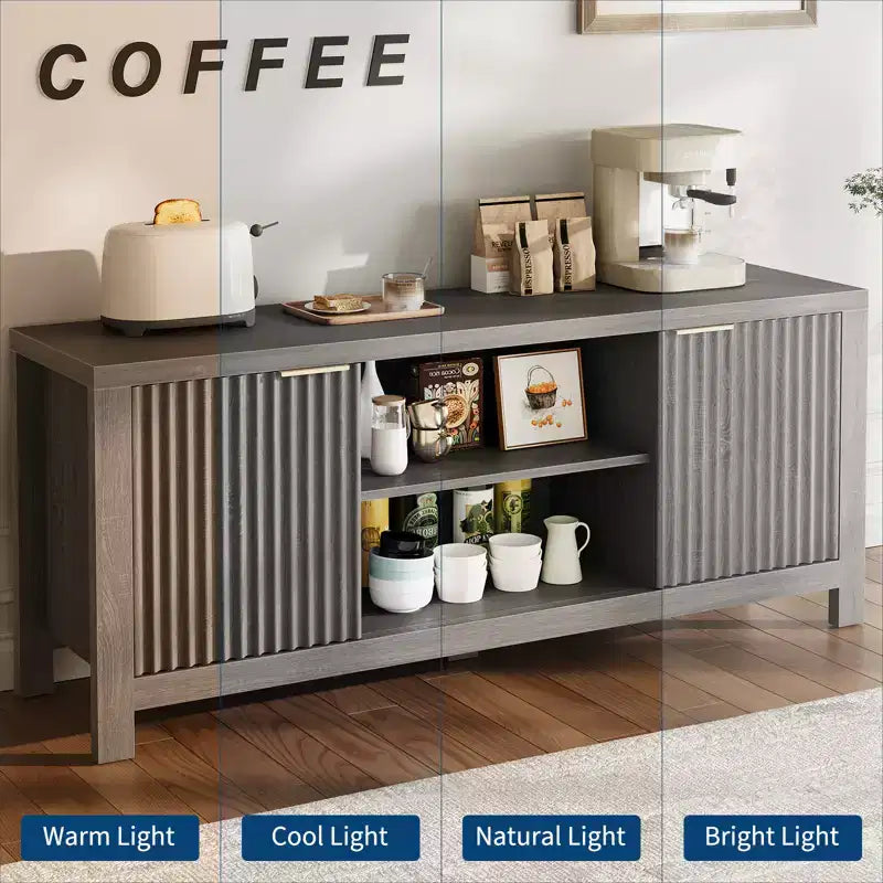 Meuble TV Canelée Mid-Century avec Armoire de Rangement, Finition Chêne, Compatible jusqu'à 70"