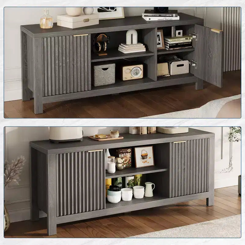 Mid-Century Modern Fluted TV Stand with Storage Cabinet, Oak Finish, Fits up to 70"