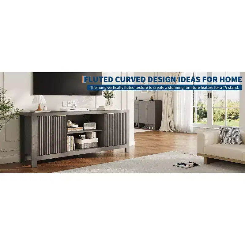 Meuble TV Canelée Mid-Century avec Armoire de Rangement, Finition Chêne, Compatible jusqu'à 70"