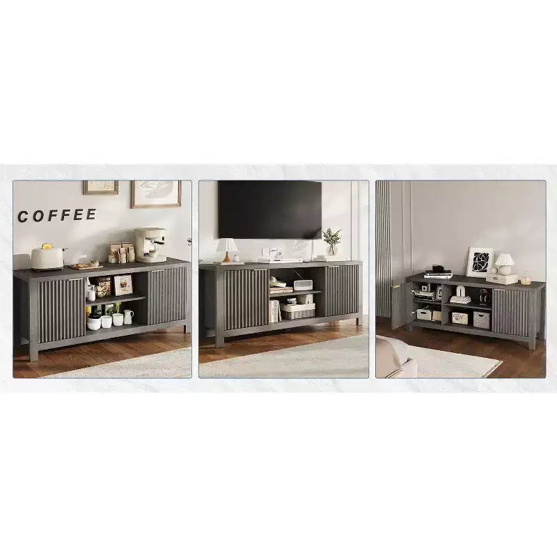 Meuble TV Canelée Mid-Century avec Armoire de Rangement, Finition Chêne, Compatible jusqu'à 70"