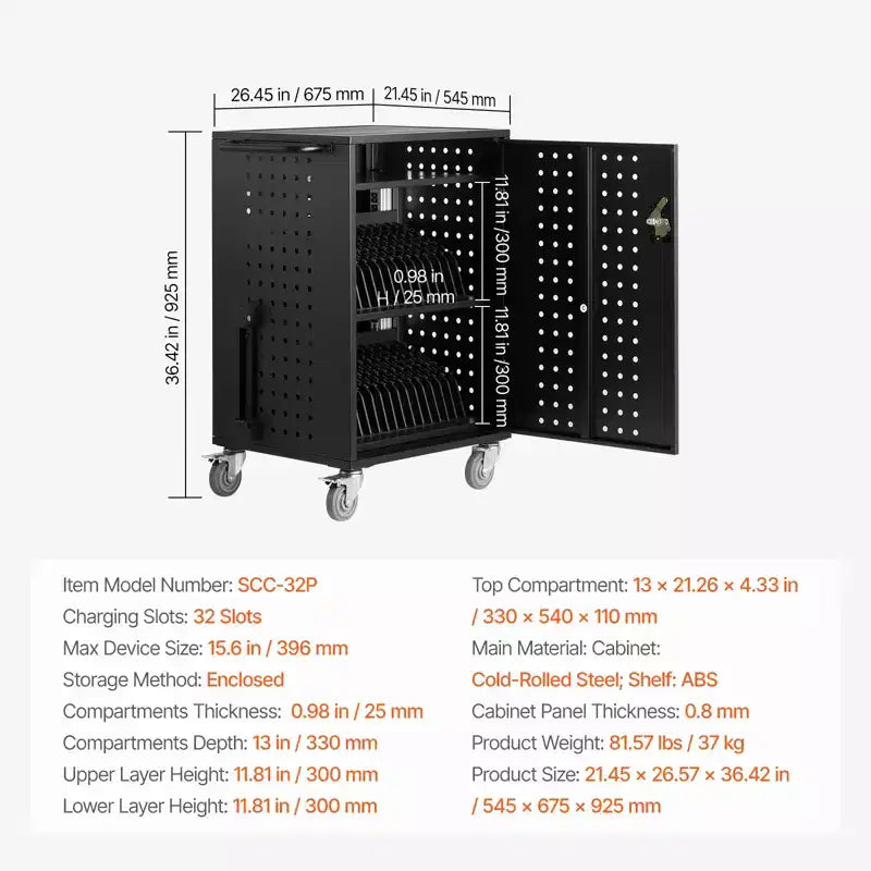 32-Device Mobile Charging Cart Station for Schools, Offices & Classrooms