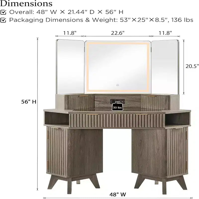 Corner Makeup Vanity Desk with LED Mirror & Charging Station, 48 Fluted Vanity Table with Glass Top & Storage Cabinets