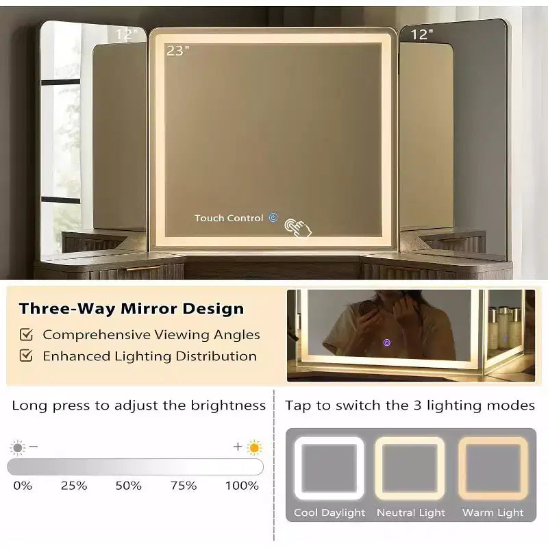 Corner Makeup Vanity Desk with LED Mirror & Charging Station, 48 Fluted Vanity Table with Glass Top & Storage Cabinets