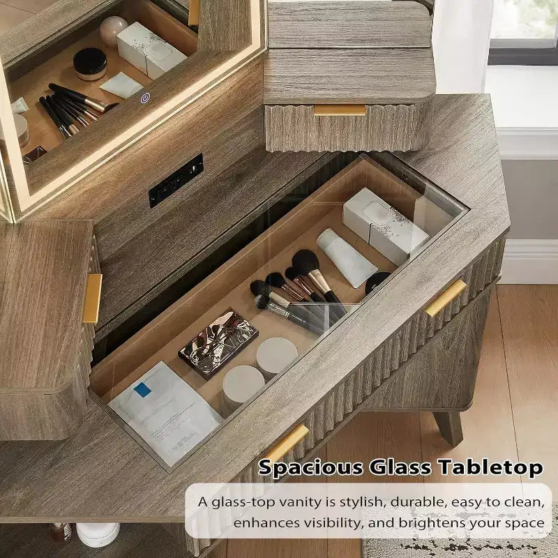 Corner Makeup Vanity Desk with LED Mirror & Charging Station, 48 Fluted Vanity Table with Glass Top & Storage Cabinets