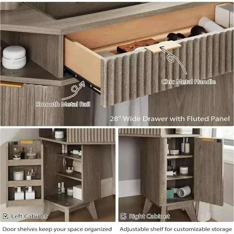 Corner Makeup Vanity Desk with LED Mirror & Charging Station, 48 Fluted Vanity Table with Glass Top & Storage Cabinets
