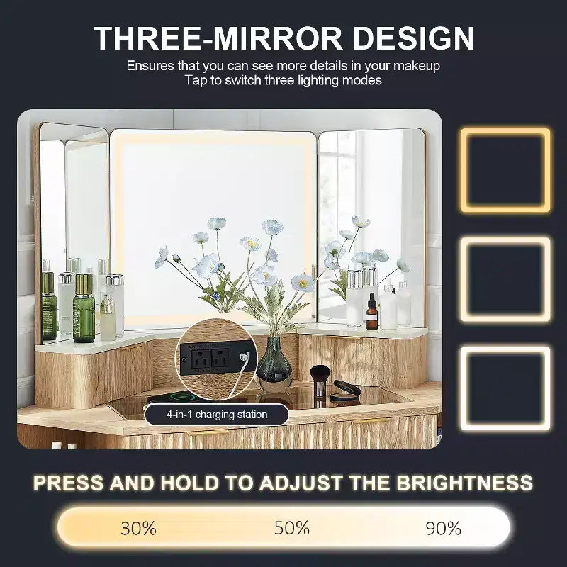 Corner Makeup Vanity Desk with LED Mirror & Charging Station, 48 Fluted Vanity Table with Glass Top & Storage Cabinets