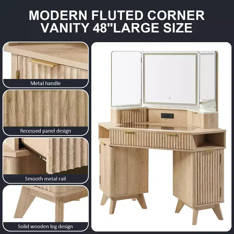 Corner Makeup Vanity Desk with LED Mirror & Charging Station, 48 Fluted Vanity Table with Glass Top & Storage Cabinets