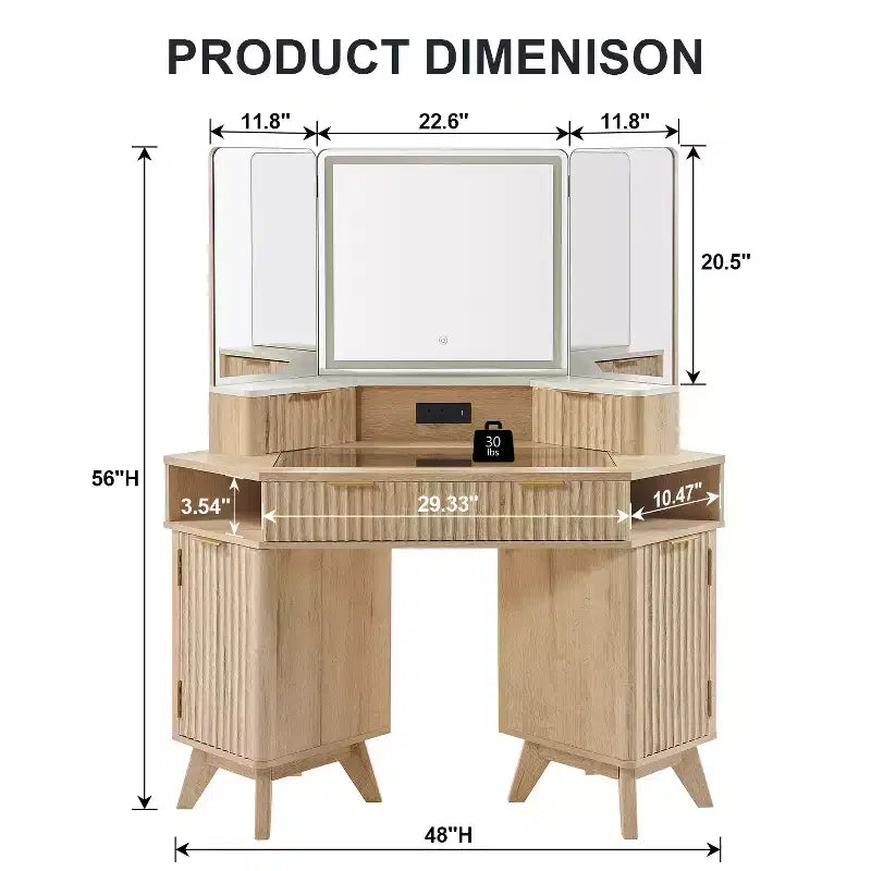 Corner Makeup Vanity Desk with LED Mirror & Charging Station, 48 Fluted Vanity Table with Glass Top & Storage Cabinets