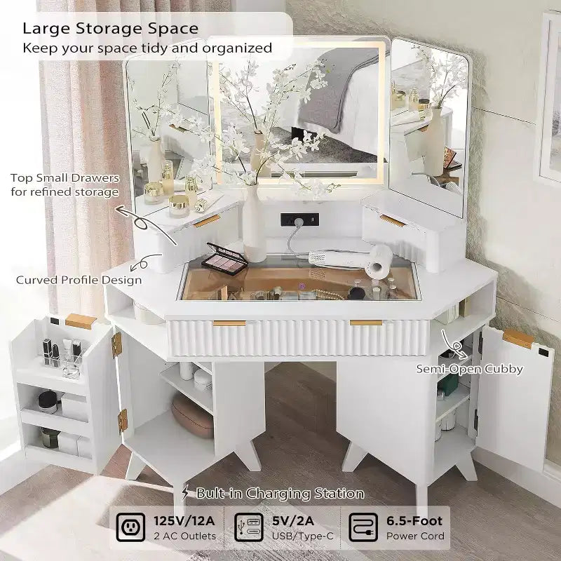Corner Makeup Vanity Desk with LED Mirror & Charging Station, 48 Fluted Vanity Table with Glass Top & Storage Cabinets