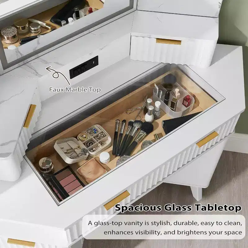 Corner Makeup Vanity Desk with LED Mirror & Charging Station, 48 Fluted Vanity Table with Glass Top & Storage Cabinets