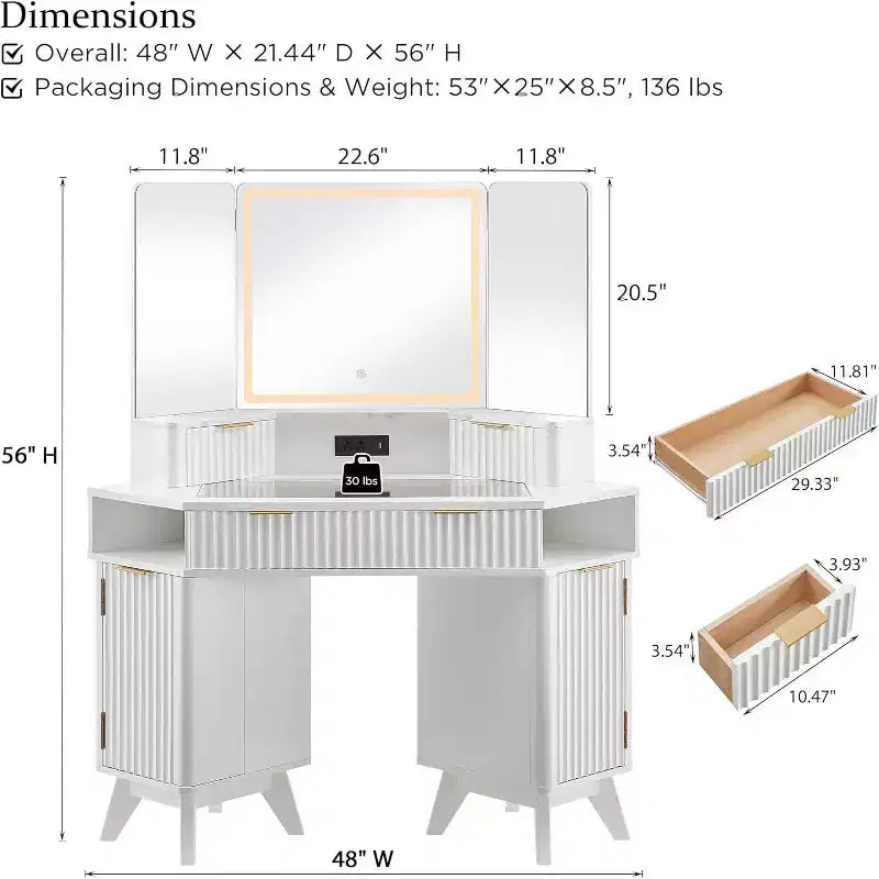 Corner Makeup Vanity Desk with LED Mirror & Charging Station, 48 Fluted Vanity Table with Glass Top & Storage Cabinets