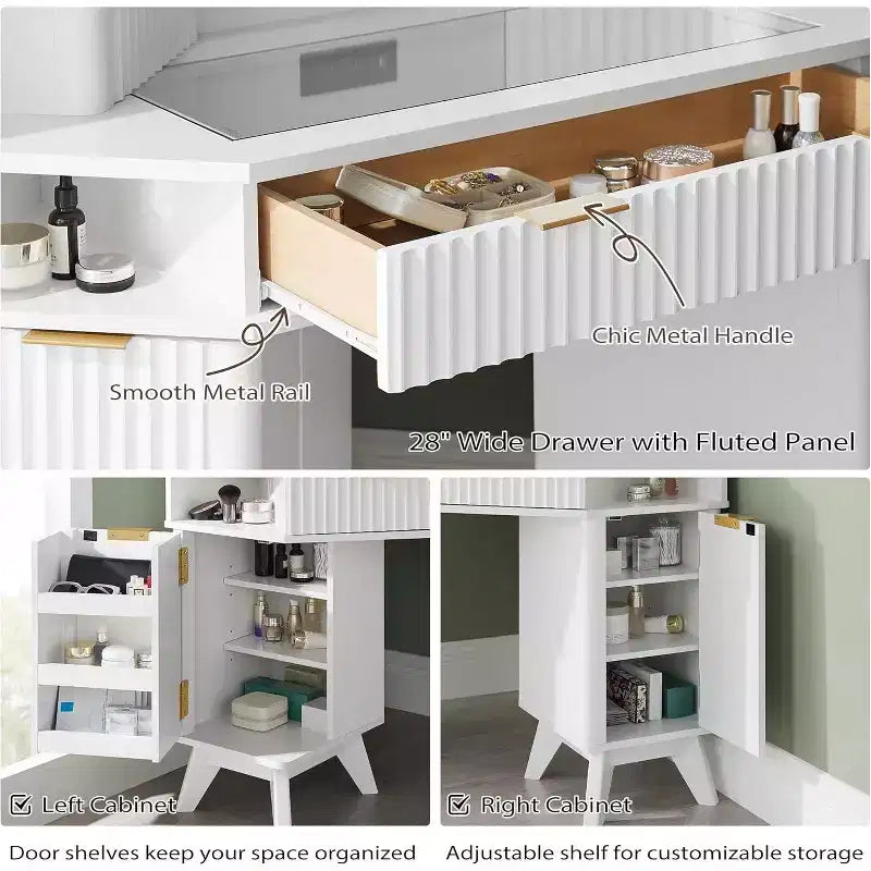 Corner Makeup Vanity Desk with LED Mirror & Charging Station, 48 Fluted Vanity Table with Glass Top & Storage Cabinets