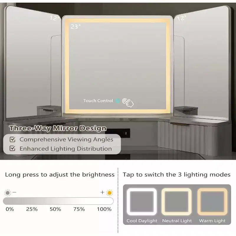 Corner Makeup Vanity Desk with LED Mirror & Charging Station, 48 Fluted Vanity Table with Glass Top & Storage Cabinets