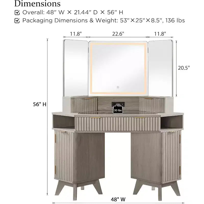 Corner Makeup Vanity Desk with LED Mirror & Charging Station, 48 Fluted Vanity Table with Glass Top & Storage Cabinets