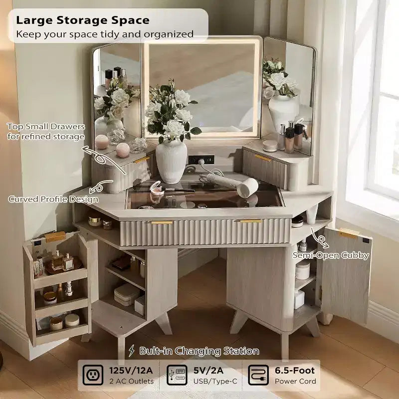Corner Makeup Vanity Desk with LED Mirror & Charging Station, 48 Fluted Vanity Table with Glass Top & Storage Cabinets
