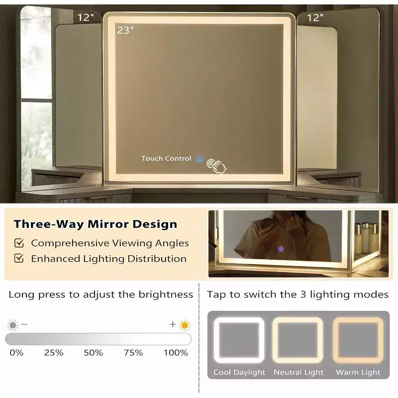Corner Makeup Vanity Desk with LED Mirror & Charging Station, 48 Fluted Vanity Table with Glass Top & Storage Cabinets