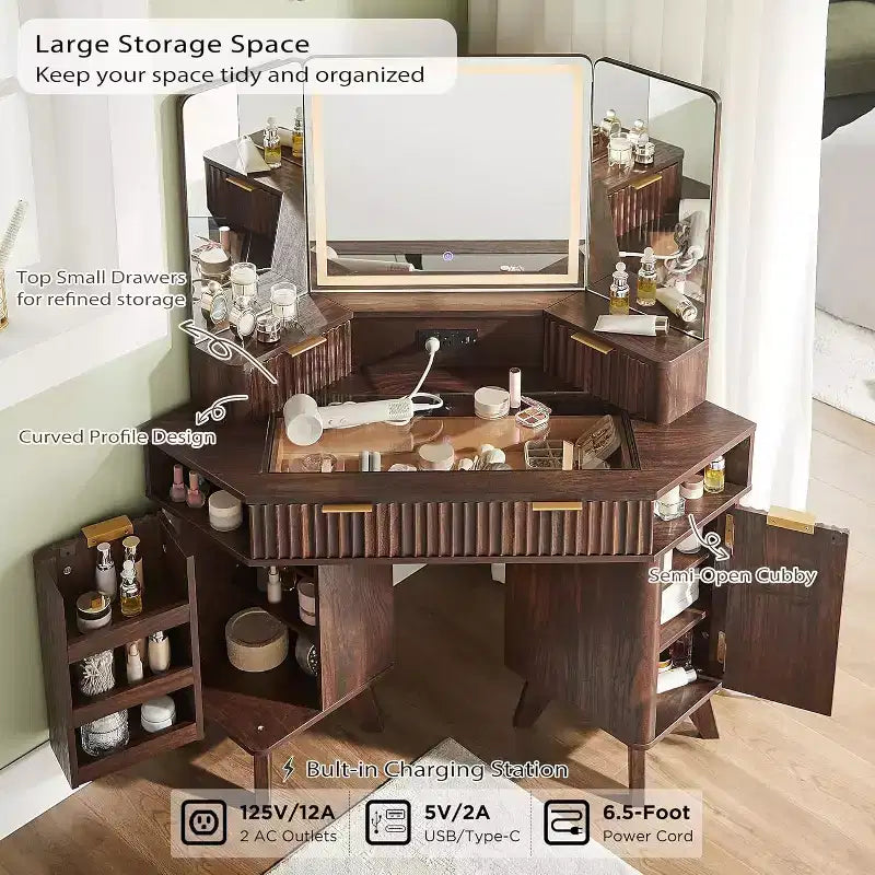 Corner Makeup Vanity Desk with LED Mirror & Charging Station, 48 Fluted Vanity Table with Glass Top & Storage Cabinets