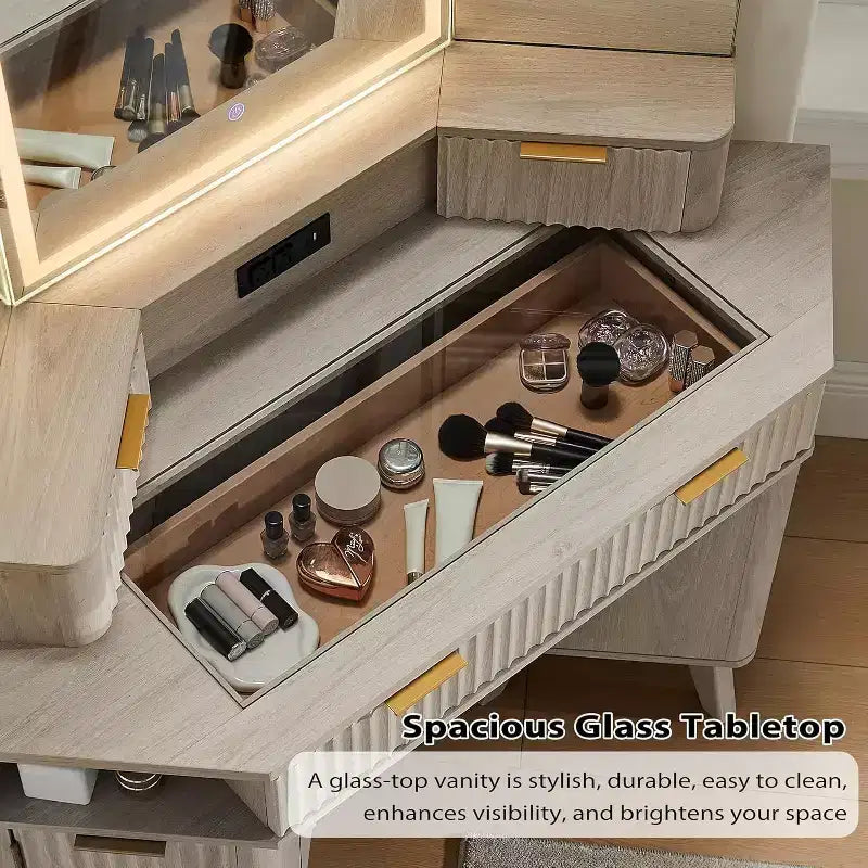 Corner Makeup Vanity Desk with LED Mirror & Charging Station, 48 Fluted Vanity Table with Glass Top & Storage Cabinets