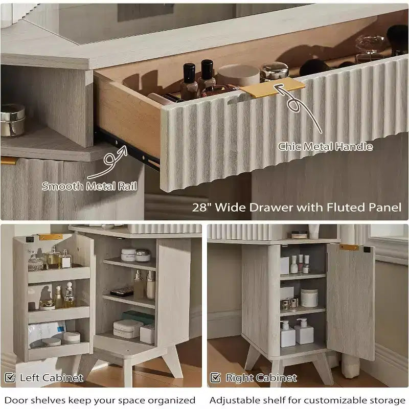 Corner Makeup Vanity Desk with LED Mirror & Charging Station, 48 Fluted Vanity Table with Glass Top & Storage Cabinets