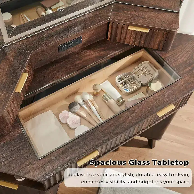 Corner Makeup Vanity Desk with LED Mirror & Charging Station, 48 Fluted Vanity Table with Glass Top & Storage Cabinets