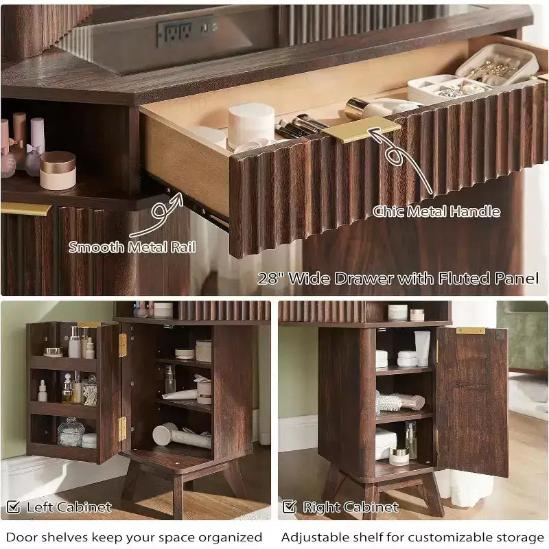 Corner Makeup Vanity Desk with LED Mirror & Charging Station, 48 Fluted Vanity Table with Glass Top & Storage Cabinets