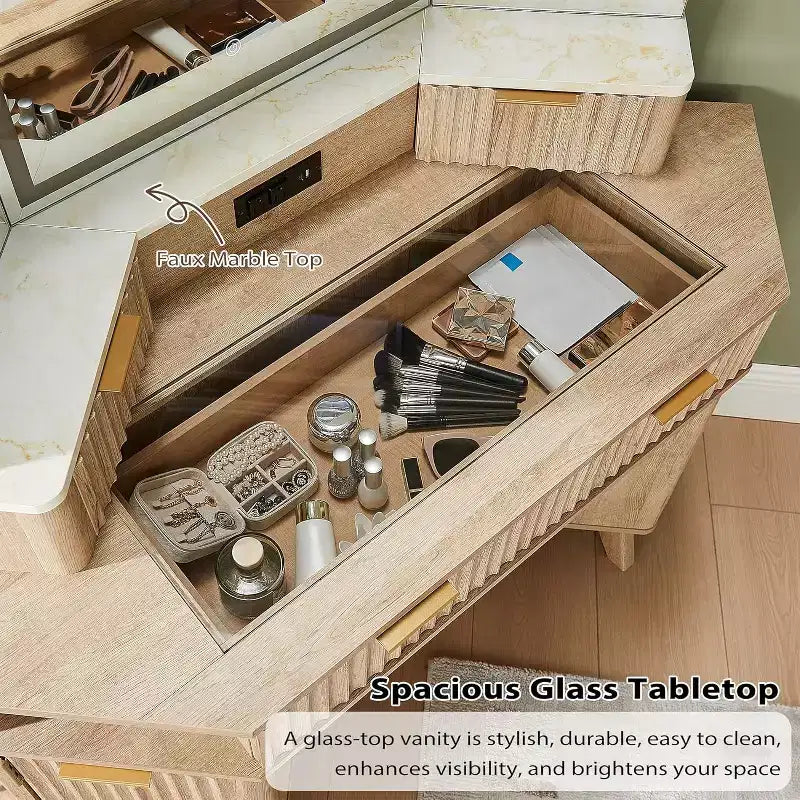 Corner Makeup Vanity Desk with LED Mirror & Charging Station, 48 Fluted Vanity Table with Glass Top & Storage Cabinets
